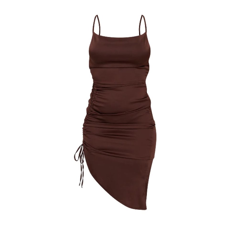 PrettyLittleThing Chocolate Satin Strappy Ruched Side Midi Dress SIZE 4